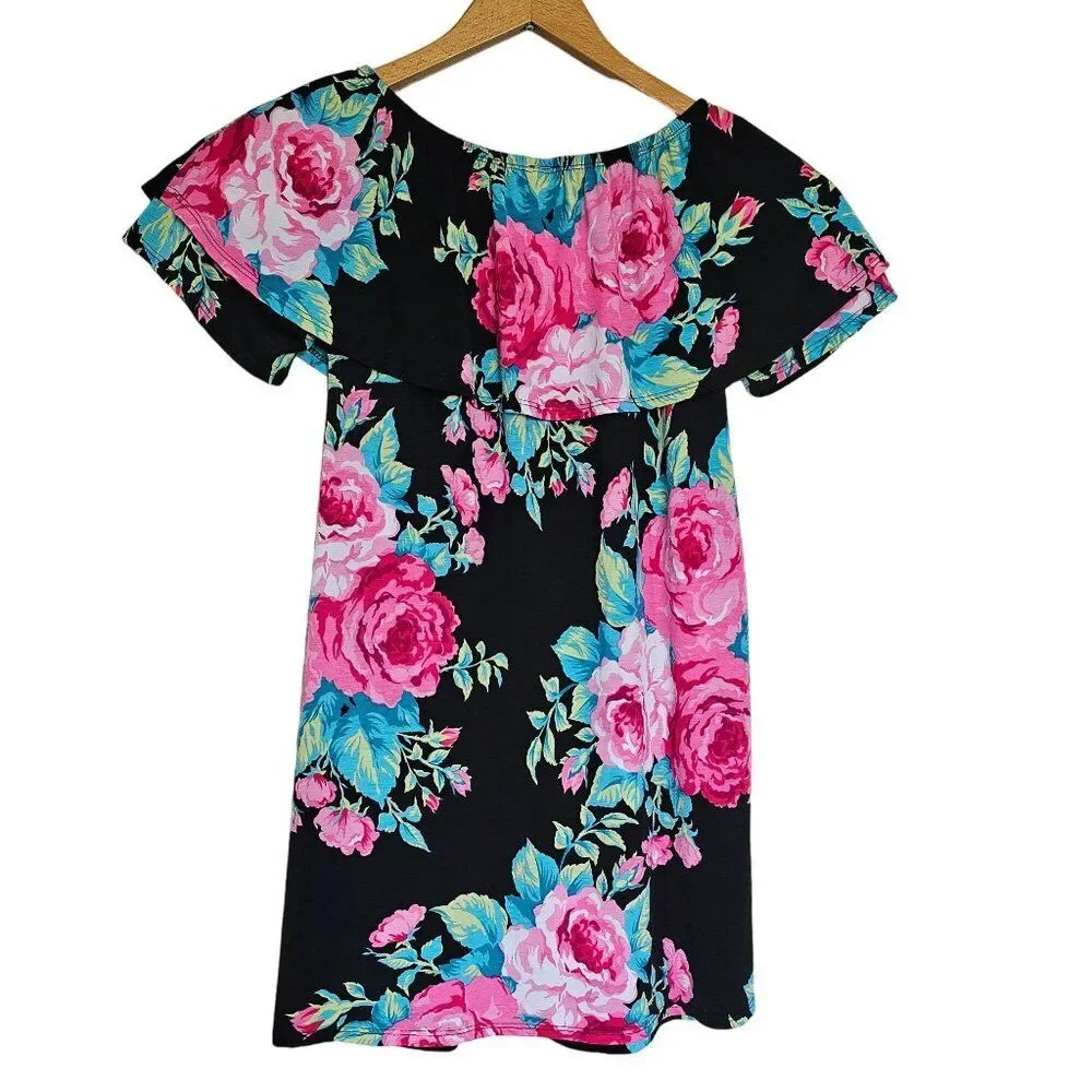 Black and Pink Floral Off the Shoulder Midi Dress Womens Size S Bump Friendly